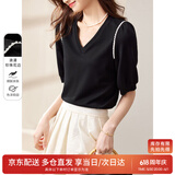 尚都比拉夏季短袖t恤女浪漫花边泡泡袖V领显瘦女装上衣 黑色 M