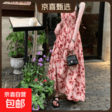 法式玫瑰印花系带吊带连衣裙女夏季2026新款度假风褶皱收腰长裙子 复古红 L