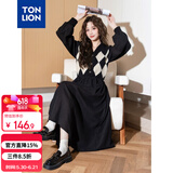 唐狮（TonLion）2024黑色v领拼接格纹连衣裙女复古针织格子裙气质长裙 黑色 S 