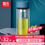 富光双层玻璃杯水杯男女车载家用高硼硅玻璃杯泡茶杯带茶隔玻璃杯子 蓝色 400ml 双层玻璃直杯