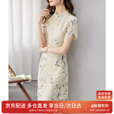 尚都比拉新中式立领盘扣旗袍改良版花瓣袖雪纺碎花连衣裙夏季 杏底花色 S 