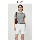 LILY2026夏新款含莱赛尔亚麻简约POLO领休闲通勤短袖针织衫女短款 517花灰 S