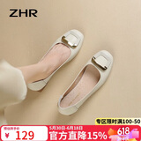 ZHR女鞋浅口单鞋女春秋粗跟通勤妈妈皮鞋2026新款船鞋女AH378米色40