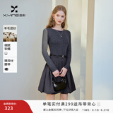 香影假两件针织收腰连衣裙女2026春季新款学院风绞花拼接花苞短裙 中灰 M 160/84A/95-110斤