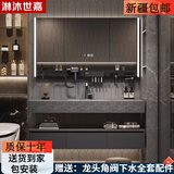 淋沐世嘉轻奢岩板浴室柜组合简约实木洗漱台 轻奢希尔灰双层岩板热弯一体盆 豪华收纳架镜柜 120cm送全套配件+包安装