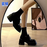 霍蜻黑色厚底小皮鞋女2026春季增高粗跟单鞋女英伦风高跟鞋女乐福鞋女 黑色亮光 【跟高6.5cm】 35 (225mm)