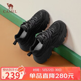 骆驼（CAMEL）老爹鞋女网布皮面拼接双系带厚底休闲鞋 L24S283079 黑色 36