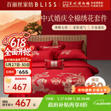 百丽丝水星家纺出品结婚四件套婚庆纯棉刺绣婚房套件大红色被套龙凤刺绣
