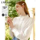 LAGOGO【抗菌抗皱】法式木耳边白衬衫女士拉谷谷春秋长袖立领上衣 本白色(V1) L