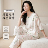 DAVINCICODE睡衣女春夏季冰丝长袖国风提花家居服两件套装送妈妈生日礼物 一叶知秋  粉色 L 【推荐100-120斤】