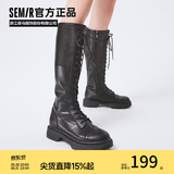 Semir官方正品时装靴女靴春秋季新款潮流休闲高帮系带机车靴长筒靴女 黑色 35
