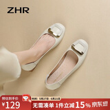ZHR女鞋浅口单鞋女春秋粗跟通勤妈妈皮鞋2026新款船鞋女AH378米色40