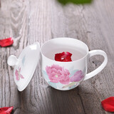 千红窑醴陵手绘杯子女生茶杯带盖办公室泡茶杯子家用花茶陶瓷水杯 花想容