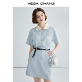 VEGA CHANG法式茶歇连衣裙女2026年夏款高级感气质显瘦赫本风长裙 baby蓝（短款） S