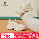 骆驼（CAMEL）老爹鞋女网布皮面拼接双系带厚底休闲鞋 L24S283079 杏色 38