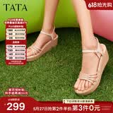 他她（TATA）绝美坡跟凉鞋女度假一字带厚底时装凉鞋秋季新款7MY14BL4 金色 37