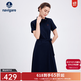 Navigare意大利小帆船短袖连衣裙女士夏季棉质斜领裙子时尚显瘦半袖a字裙 海军蓝 L 码