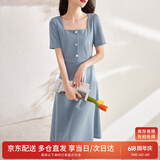 尚都比拉短袖连衣裙女夏季复古赫本风气质通勤裙子中长款A字裙 灰蓝色 S