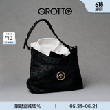 GROTTO个乐经典黑石hobo包大小号植鞣绵羊皮腋下单肩斜挎软包通勤礼物 经典黑 金标S