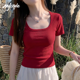 MJ STYLE方领紧身短袖T恤女2026年夏季新款简约时尚百搭内搭纯色气质上衣