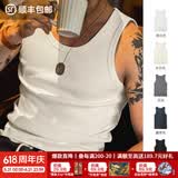 马登工装美式棉背心男健身运动老头汗衫无袖t恤跨栏重磅螺纹坎肩打底 米白色 【拍2件减5元/显肌肉/夏季外穿/男士居家】 XL （修身版型，可拍大一码）