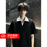 Shelley Jones黑色假两件v领短袖男款夏季重磅痞帅翻领t恤少年感美式正肩polo衫 黑色 XL [推荐120-140斤]