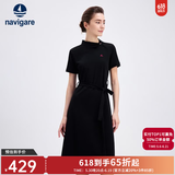Navigare意大利小帆船短袖连衣裙女士夏季棉质斜领裙子时尚显瘦半袖a字裙 暗夜黑 L 码
