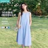 茵曼【100%棉】法式方领无袖背心连衣裙2026夏季收腰长裙 海盐蓝 XL