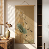 小城布衣 竹艺装饰画新中式莲花客厅玄关画茶室禅意竖版挂画竹帘画书房画 莲花11 宽40*高80 原木上下杆