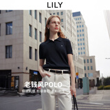 LILY2026夏新款含莱赛尔亚麻简约POLO领休闲通勤短袖针织衫女短款 411藏青 M