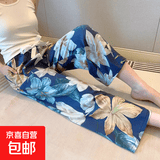 夏季新款绵绸女士薄款大码人造绵绸可外穿家居碎花长裤子宽松睡裤 兰色百合 XL 【建议120-160斤】