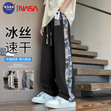 NASA GISS裤子男宽松轻薄刺绣休闲裤潮流青少年学生抽绳直筒长裤 黑色 S