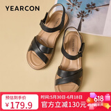 意尔康皮鞋女软底坡跟平底鞋中年妈妈魔术贴皮凉鞋 18075W 黑色 38