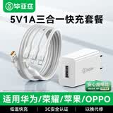 毕亚兹3C认证 5V1A充电器套装快充头三合一数据线适用苹果iPhone14/13小米华为三星安卓手机手表手环耳机