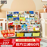 SOFS儿童书架绘本架简易落地宝宝小书柜铁艺幼儿置物架书本玩具收纳架 XXL码 (5+1)层 4盒白黄蓝绿