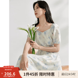 茵曼（INMAN）亚麻吊带植物碎花连衣裙女2026年夏季法式方领泡泡袖蓝色长裙 月蓝连衣裙-18424791 S