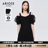 艾诺丝雅诗【商场同款】夏新珍珠网纱泡泡袖短袖小清新小黑裙连衣裙10429006 黑色 L