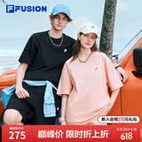 FILA FUSION斐乐潮牌情侣款男士女士针织短袖衫春新品舒适宽松T恤 正黑色-BK XL