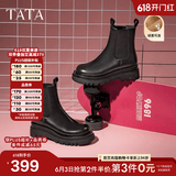 他她（TATA）英伦风切尔西靴女显瘦加绒厚底烟筒靴时装靴冬新GXB01DD4 黑色（绒里） 35