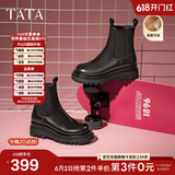 他她（TATA）英伦风切尔西靴女显瘦加绒厚底烟筒靴时装靴冬新GXB01DD4 黑色（绒里） 38