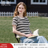 香影流苏条纹黑色t恤女短袖2026夏装新款宽松休闲风正肩圆领上衣 黑色 M