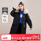 雪中飞【成毅推荐】时尚狐狸毛领交叉飘带温暖大毛领防风女士羽绒服 黑色|8056 S 160/84A