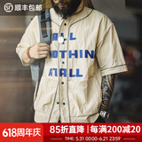 马登工装 美式复古开襟棒球衫Vibe撞色字母短袖衬衣男士Vintage衬衫夏 白灰色 M
