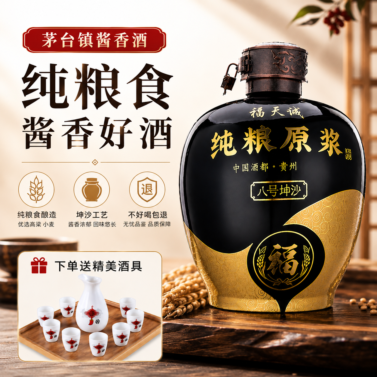 福天诚茅台镇5斤装白酒坤沙酱香型53度纯粮食窖藏老酒高粱散酒大坛泡酒 53度 2500mL 1坛 茅香（坤沙8）