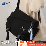 回力（Warrior）斜挎包男士挎包男女潮牌大容量单肩包学生情侣休闲运动小背包邮差 黑色升级独立电脑仓【可放15.6寸电脑】