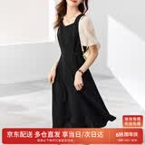 尚都比拉法式连衣裙夏季中长款a字裙泡泡袖系带收腰显瘦裙子 黑色 S 