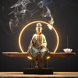 炼器 新中式紫砂创意佛像摆件 客厅玄关禅意倒流香装饰品工艺品 室内博古架办公桌面陶瓷摆设 持莲观音-窑变蓝（配灯圈底座）