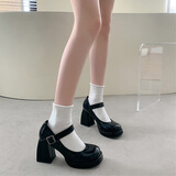 桂岐玛丽珍鞋女厚底高跟小皮鞋圆头增高复古法式粗跟jk制服婚礼成人礼 【黑色圆头7cm-37】