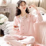 眠岛秋季新款纯棉磨毛睡衣少女日系格子长袖绒布春秋棉质家居服套装 粉色 格子 L