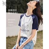 初申夏季短袖T恤女插肩袖圆领撞色拼接简约休闲上衣S52T021